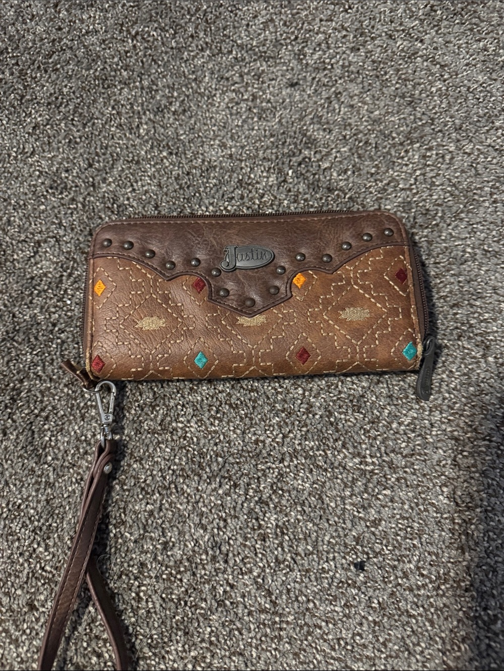 Justin Boots Brown Embroidered Zip Wristlet Wallet with Multicolor Accents